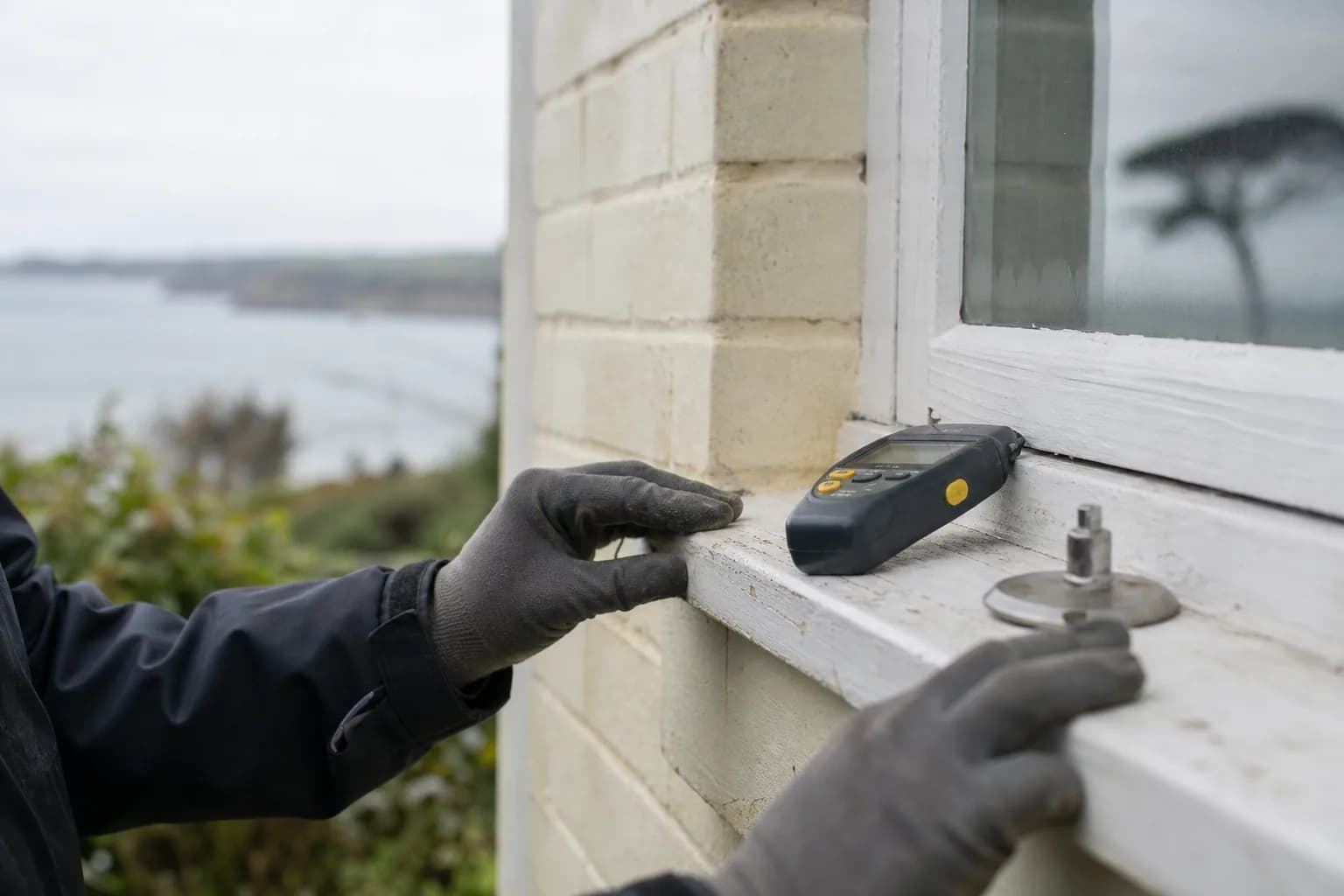 Inspection of a weathered timber window detail on a Dorset coastal home