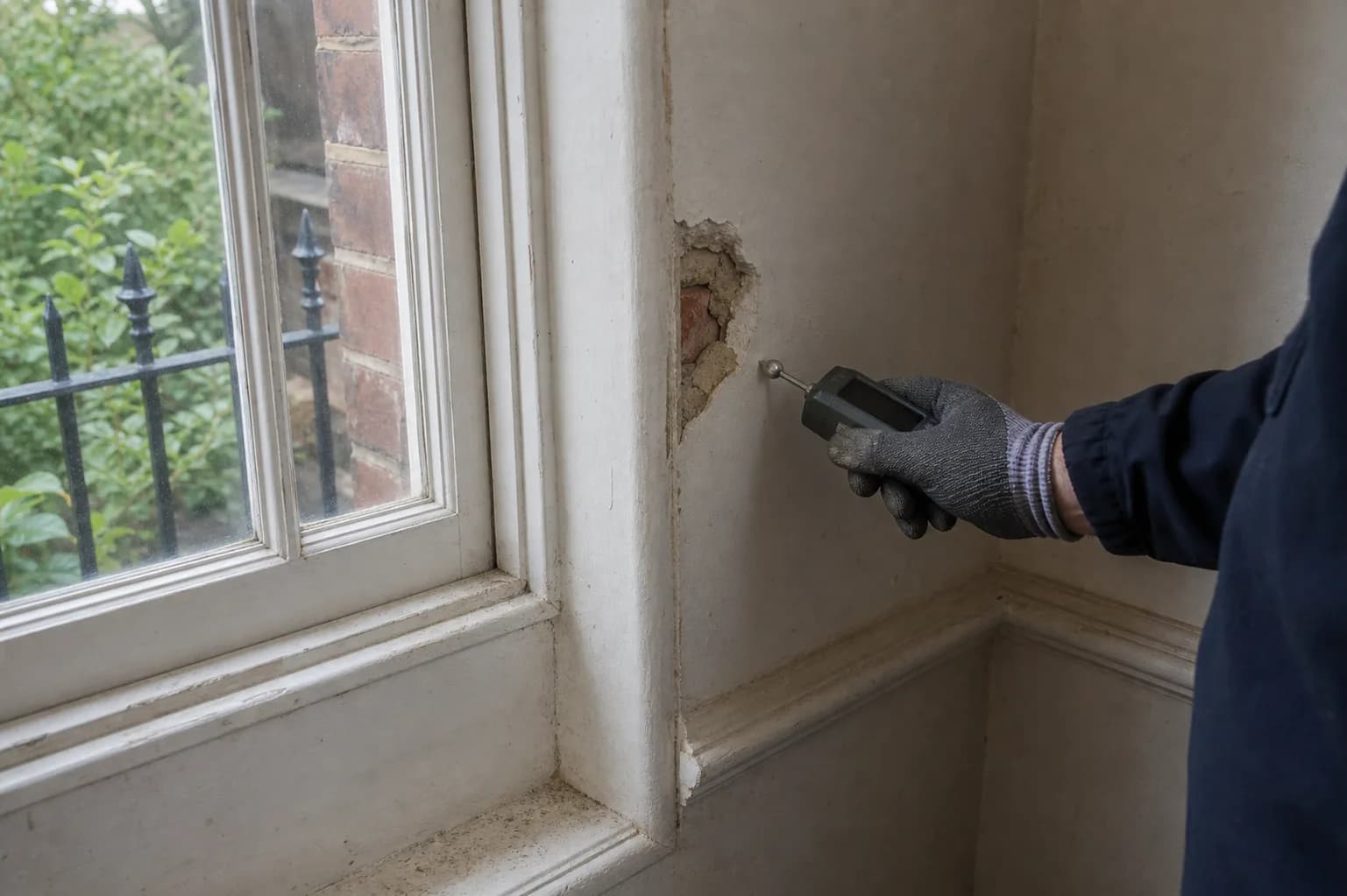 Targeted moisture inspection of period wall fabric beside a sash window