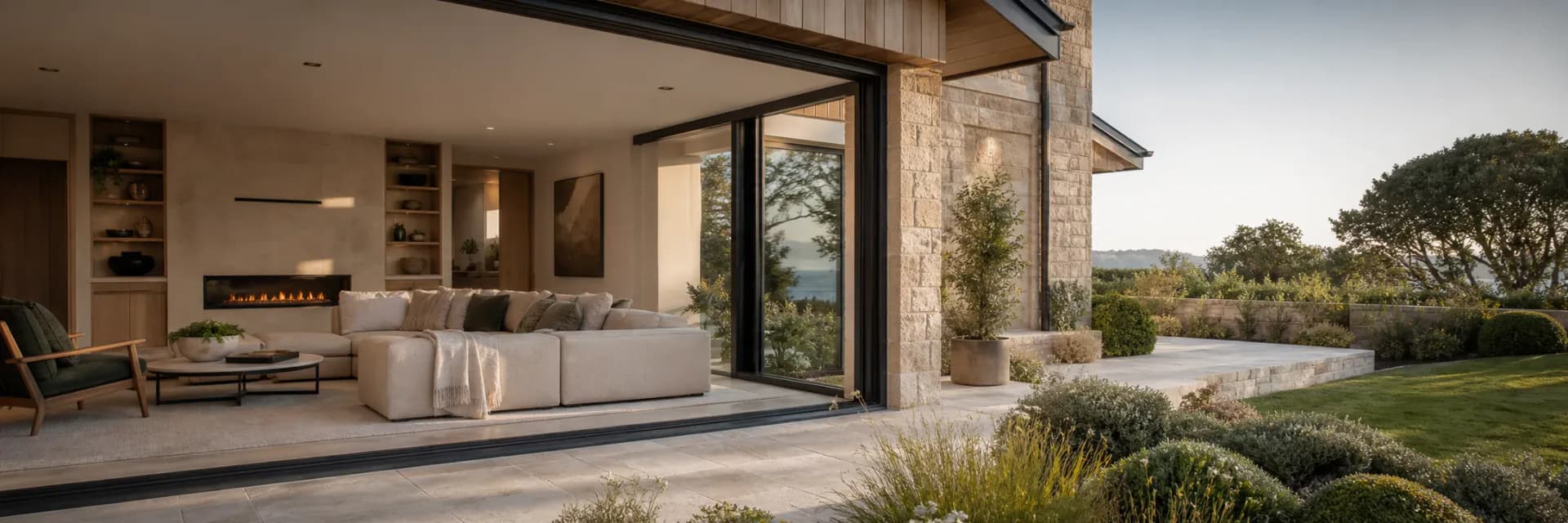 Contemporary renovated home opening from a refined living space onto landscaped grounds