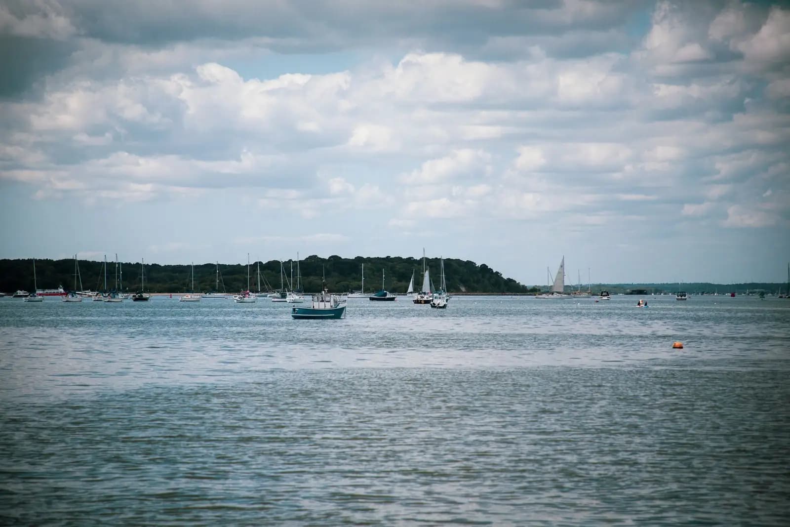 Sailing boats anchored in Poole Harbour beneath a calm sky