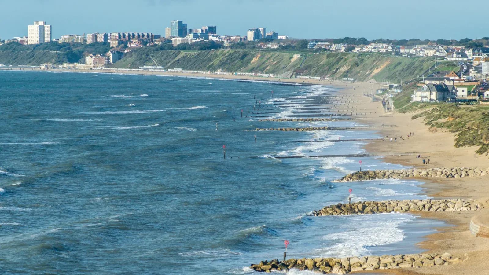 Aerial view along Southbourne Beach and the Bournemouth coastline
