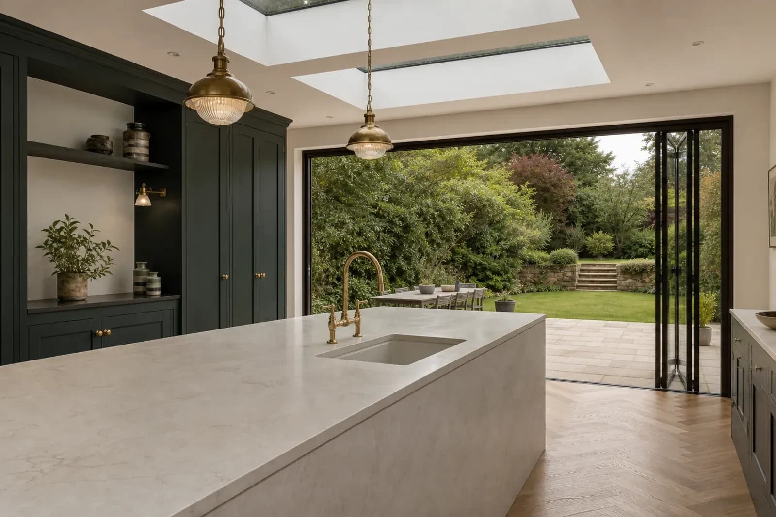 Stone island and green bespoke cabinetry in a completed kitchen