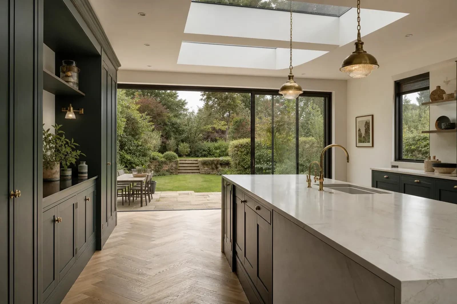 Deep green kitchen cabinetry and stone island opening to an established garden