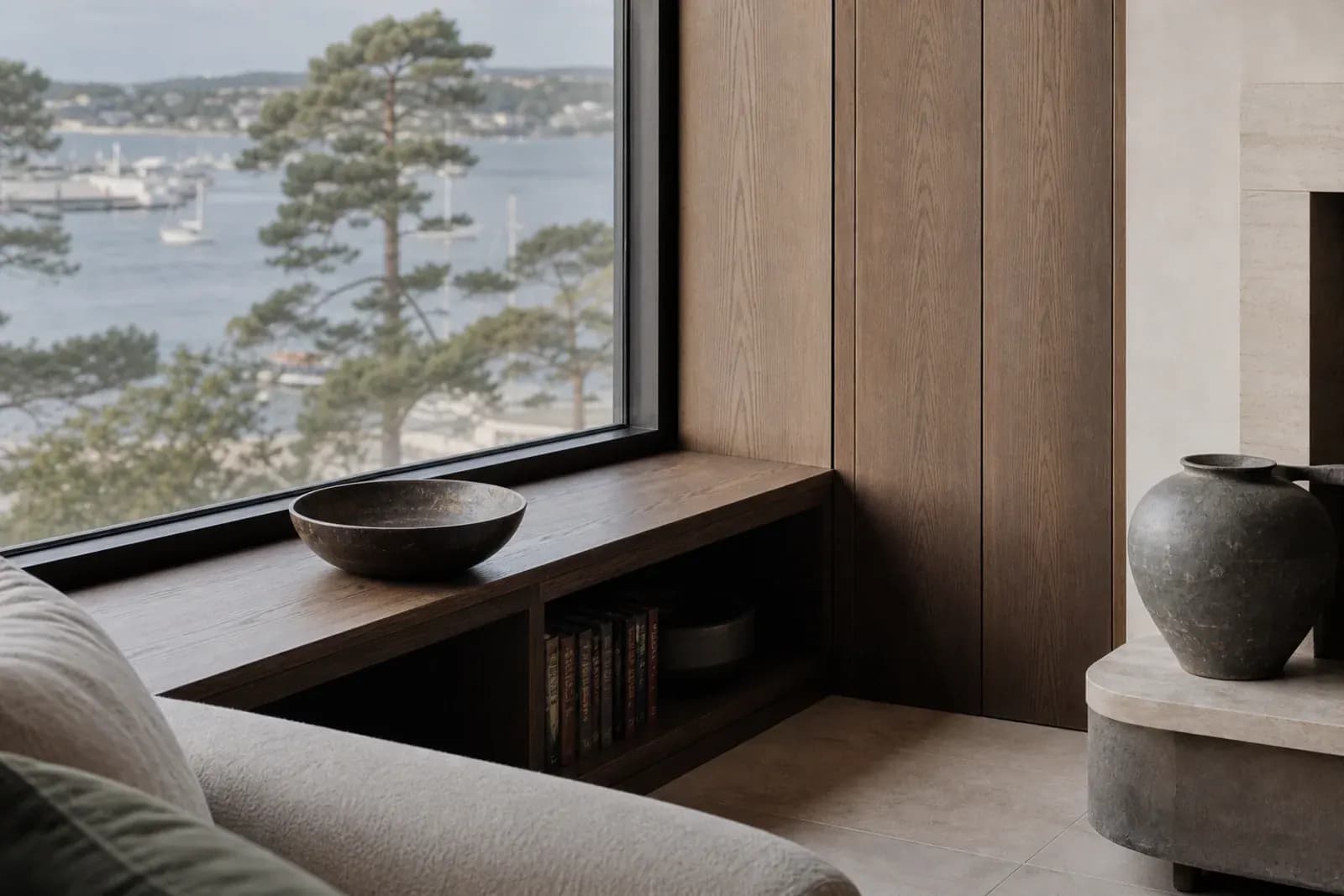Close view of the lounge joinery, lighting and tactile finishes