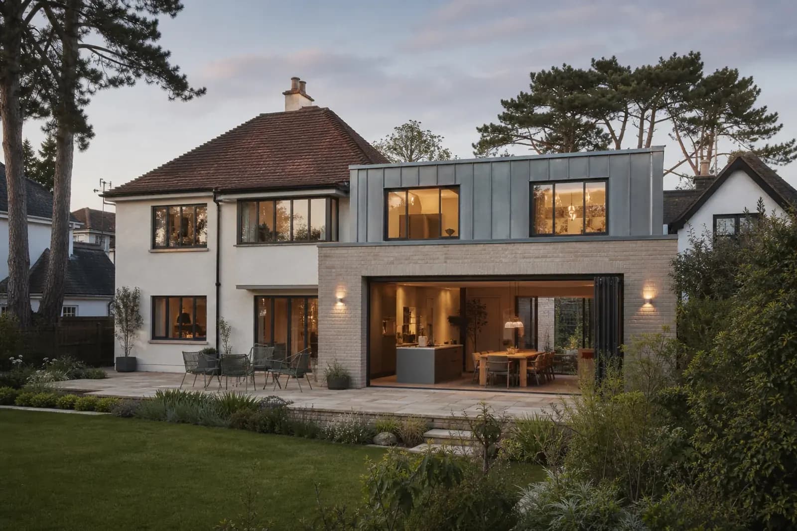 Renovated 1930s Lilliput house with a pale-brick and zinc rear extension