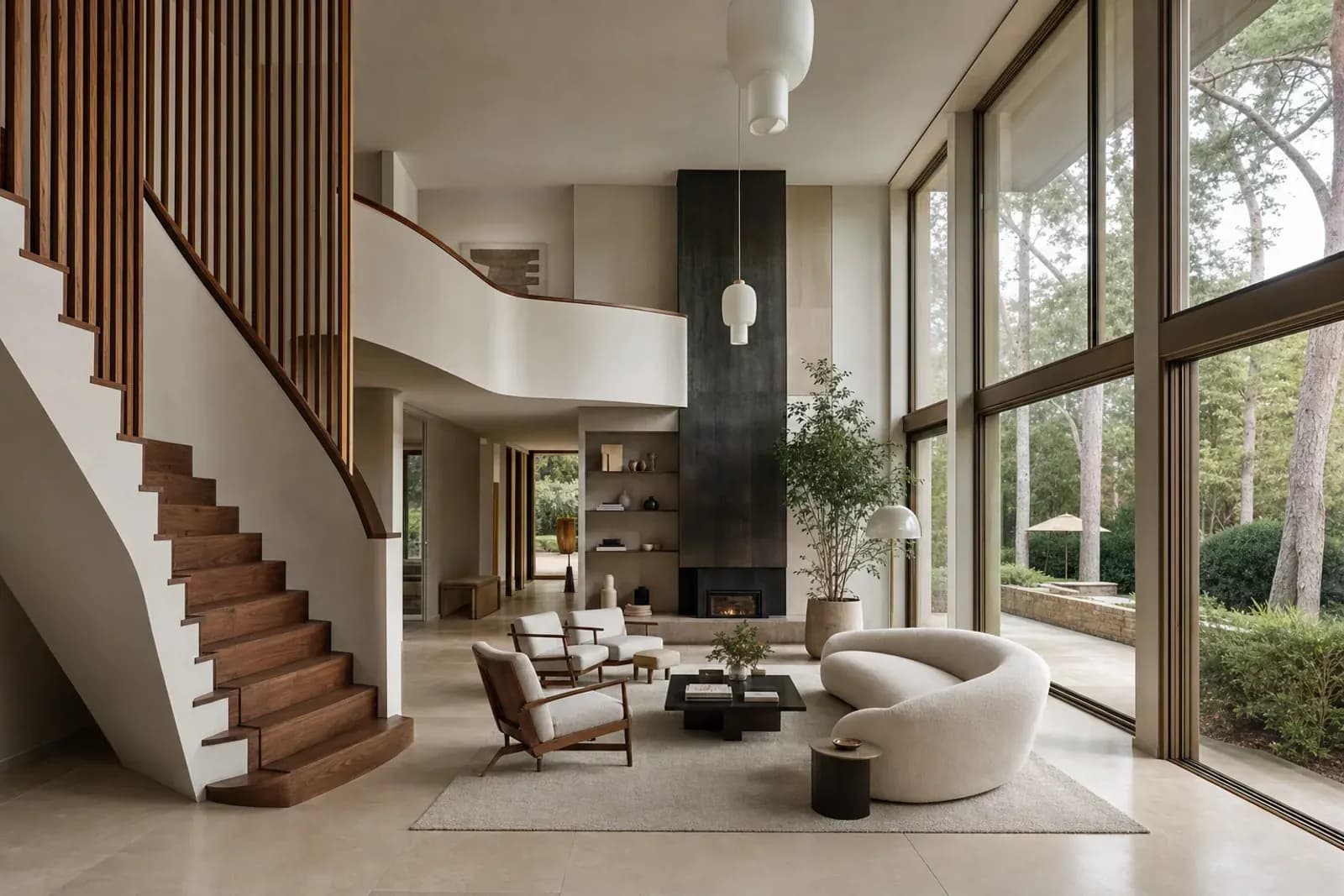 Double-height modernist interior with curved walnut staircase and garden glazing