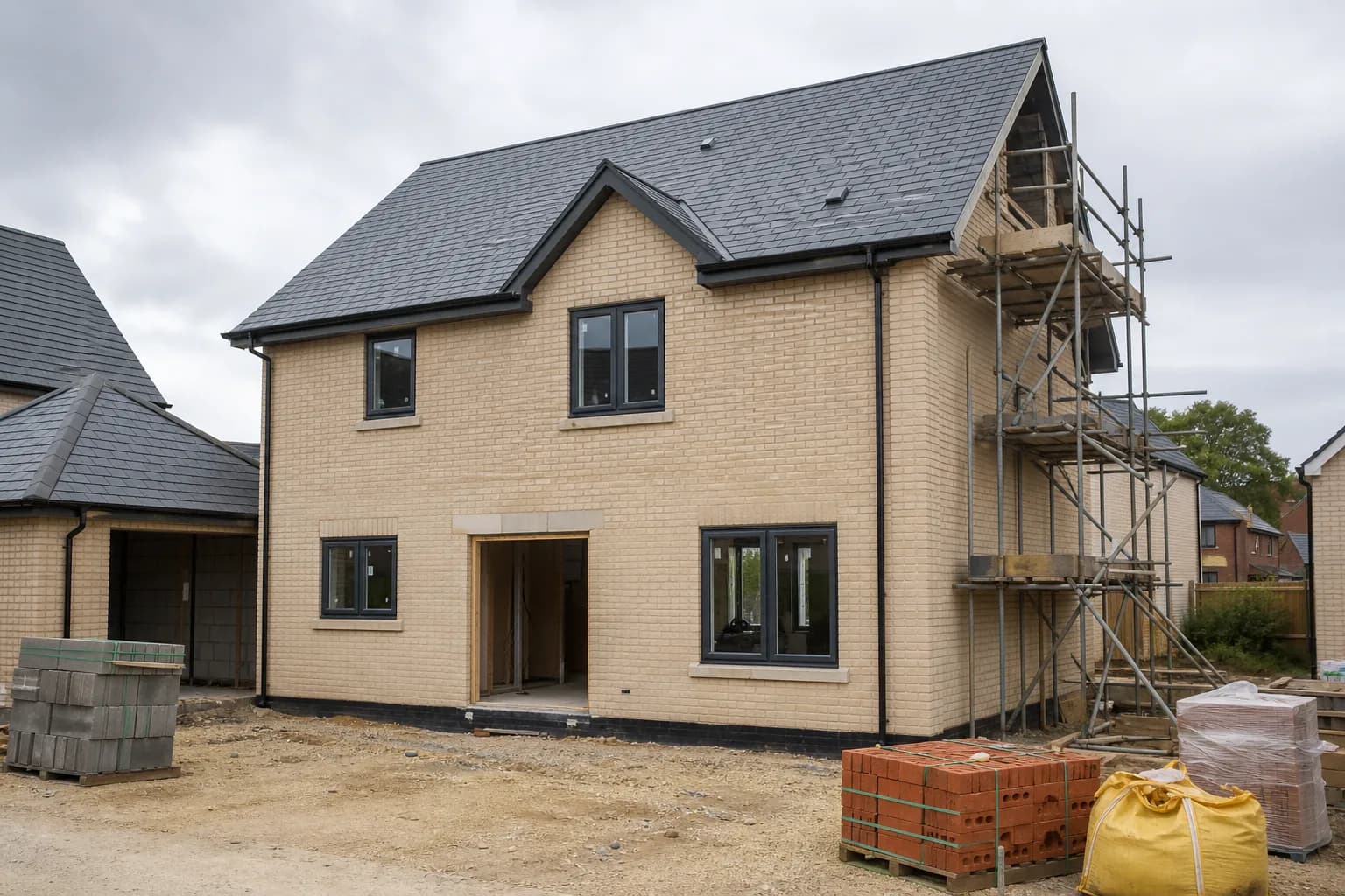 New-build home at weather-tight stage with envelope work in progress