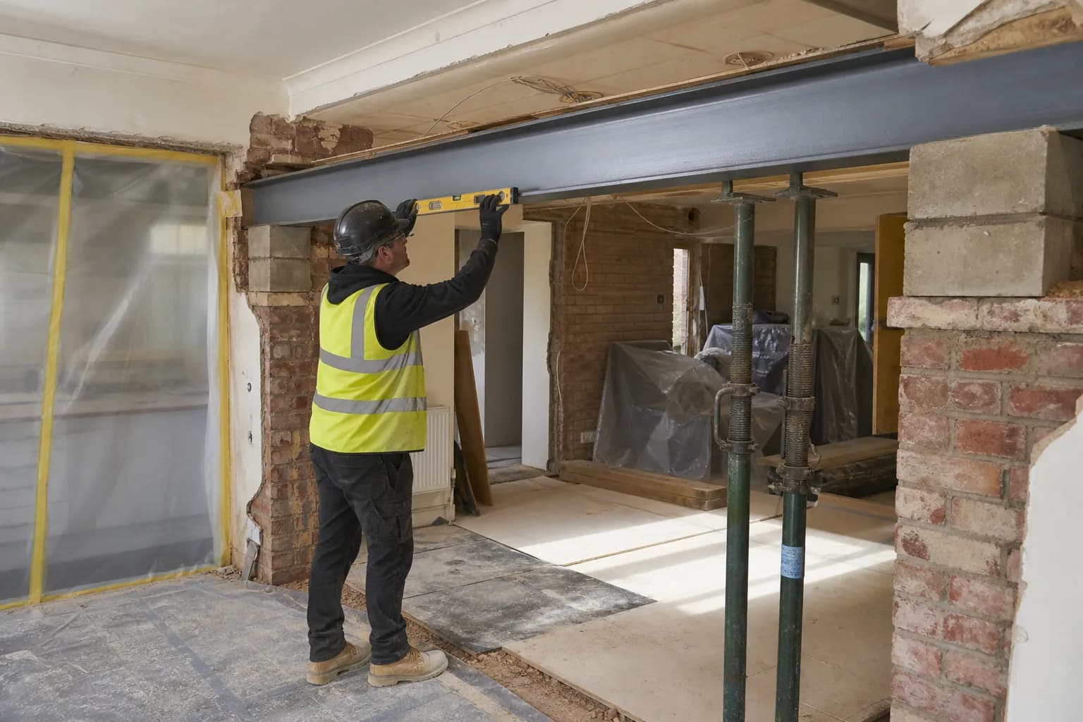 Steel beam installation checked within a temporarily supported opening