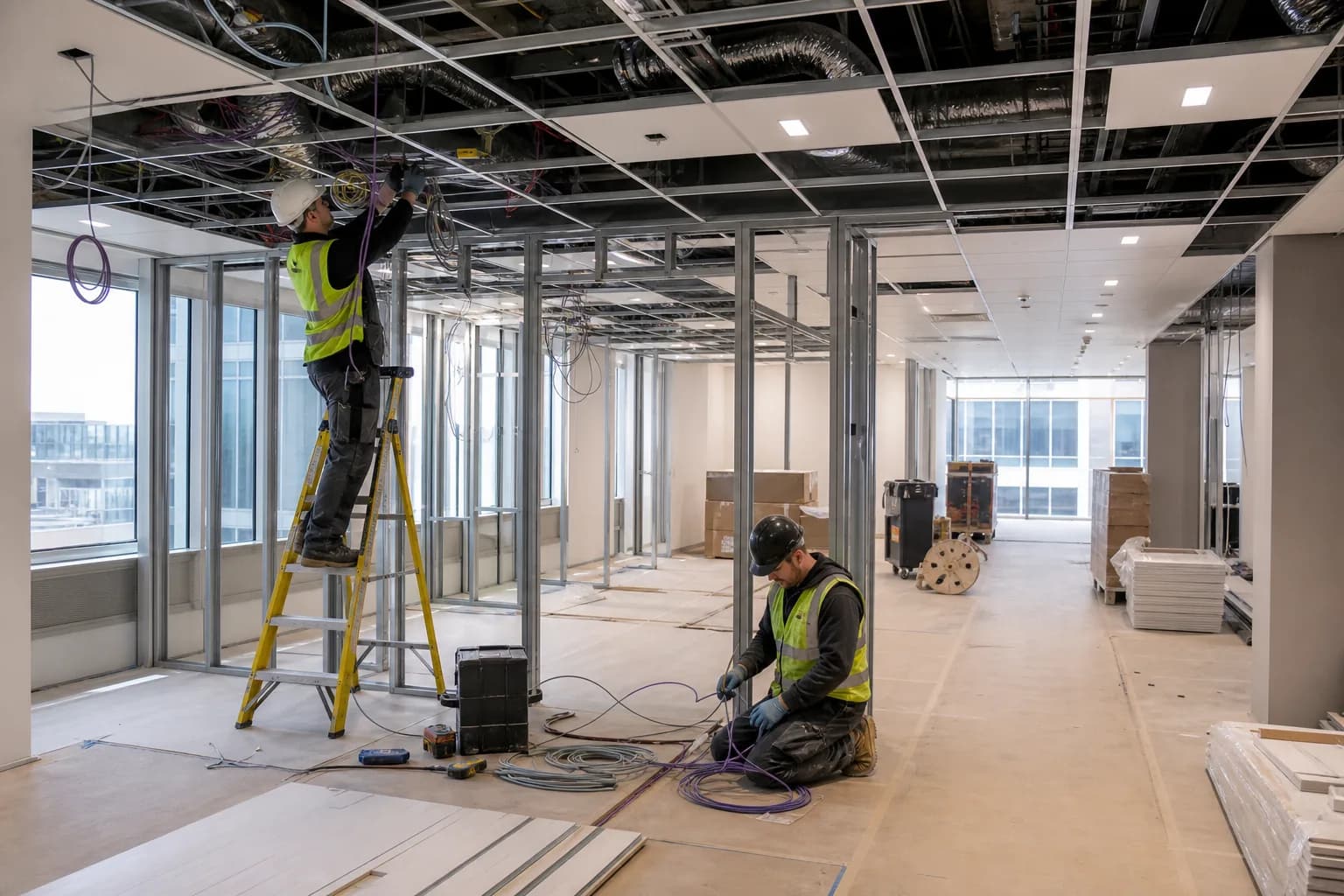 Office fit-out installation in progress with ceiling services coordinated above Office fit-out installation in progress with ceiling services coordinated above