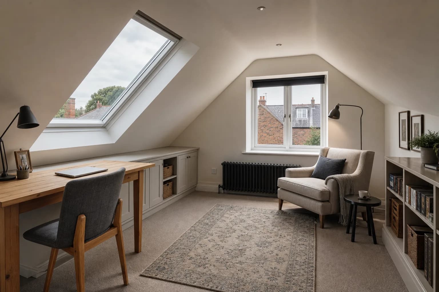Completed loft room shaped around roof windows, dormer volume and eaves storage Completed loft room shaped around roof windows, dormer volume and eaves storage